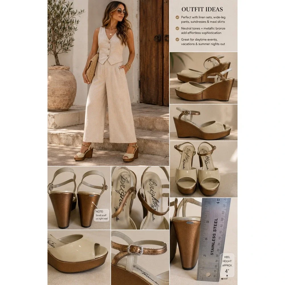 Brighton Flame Women's Size 9 Beige Bronze Platform Wedge Sandals Y2K
